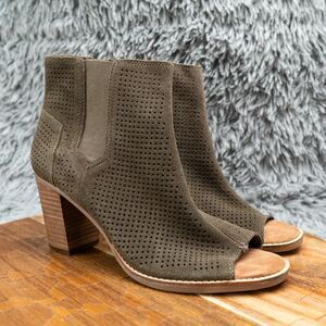 TOMS Women's Majorca Boots Size 9 Block Heel Open Toe Olive Green Suede Boho